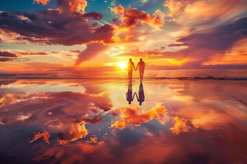 Couple walking hand in hand on a beach at sunset with a heart-shaped reflection in the water