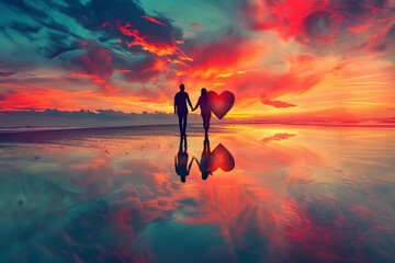 Couple walking hand in hand on a beach at sunset with a heart-shaped reflection in the water