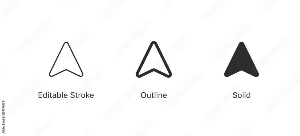 Poster navigation arrow icon set , send icon. compass icon, direction arrow symbol in editable stroke, outline, and solid style for web and mobile application.