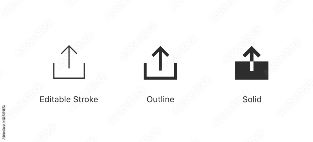 Poster upload icon set. sharem send, export icons in editable stroke, outline, solid style