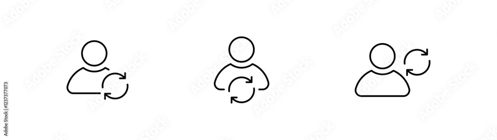 Poster refresh user icon with circular arrows , update symbol. sync, reload, and account updates icons | outline editable stroke