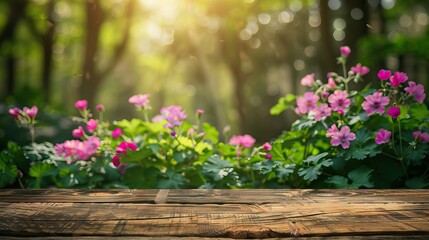 Charming Wooden Podium with Spring Background in Soft Afternoon Sun. AI generated illustration