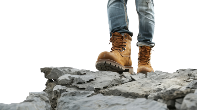 Hiker walking on rocks with transparent background