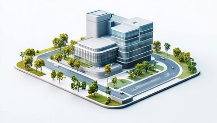 Isometric Model of a Modern Hospital Building on a City Map. AI generated illustration