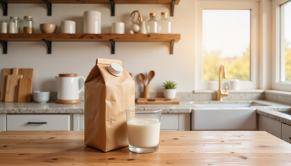 Milk carton and glass on wooden table in modern kitchen