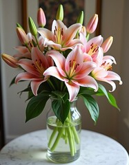 A beautiful bouquet of peach-colored lilies in a clear glass vase, displayed on a marble table.