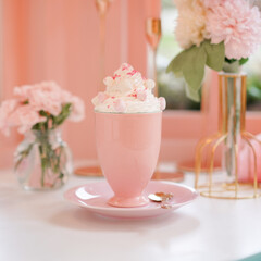 Happy Valentine's Day. A signature hot chocolate Valentine's special, topping whipping cream and pink marshmallow, served in pink ceramic cup. Shallow depth of field and window lighting. Soft focus