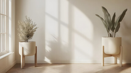 Fototapeta premium Two Potted Plants on Wooden Stands Against a White Wall