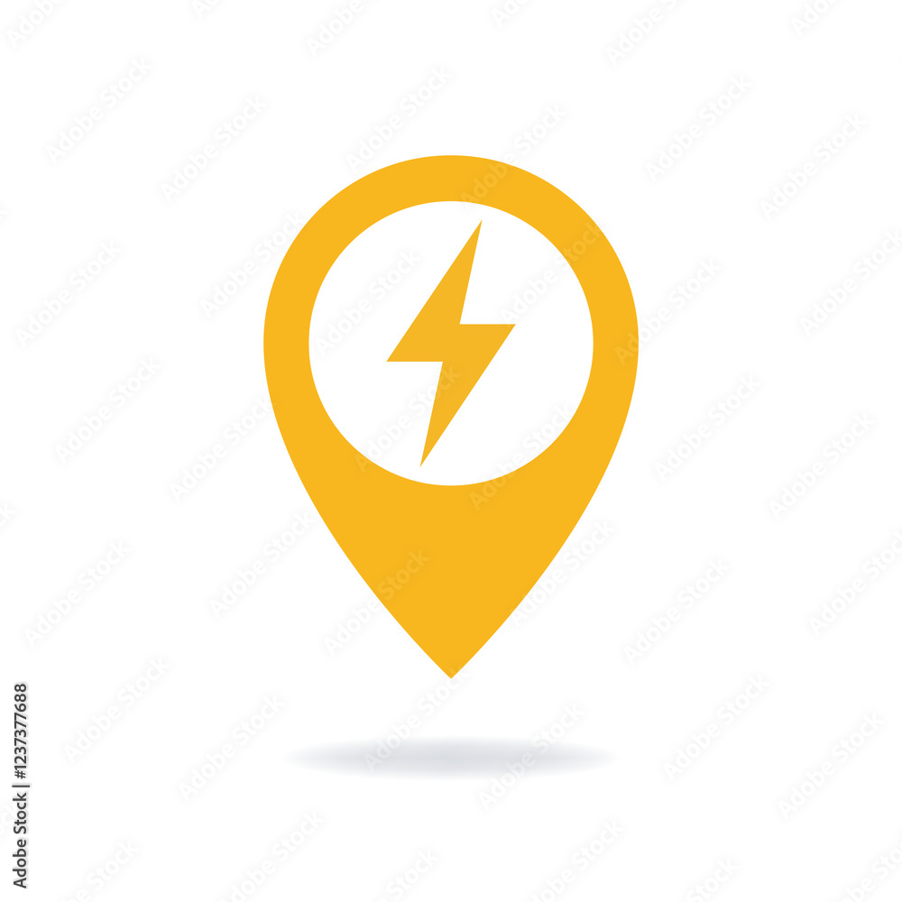 Poster vector design of a geolocation pin with a lightning bolt symbol inside.