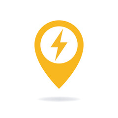 Vector design of a geolocation pin with a lightning bolt symbol inside.