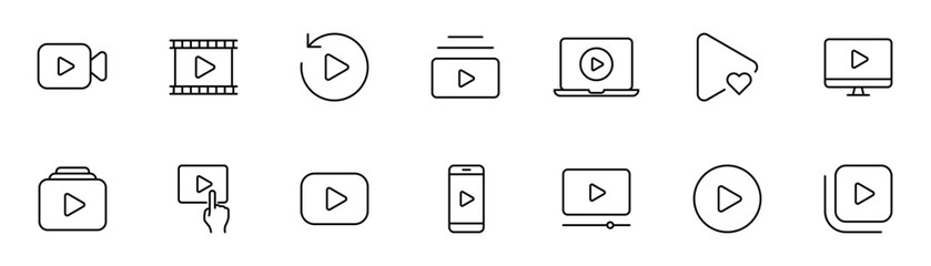 Video icon set, collection of video player icons containing playback, streaming, film strip, video camera, devices (laptop, monitor, phone) and play icon button. editable stroke line icon