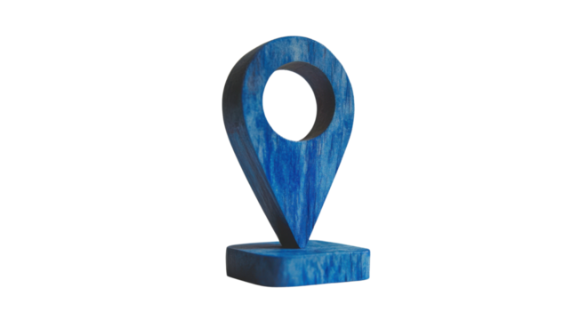 Blue location pin standing on transparent background representing global positioning