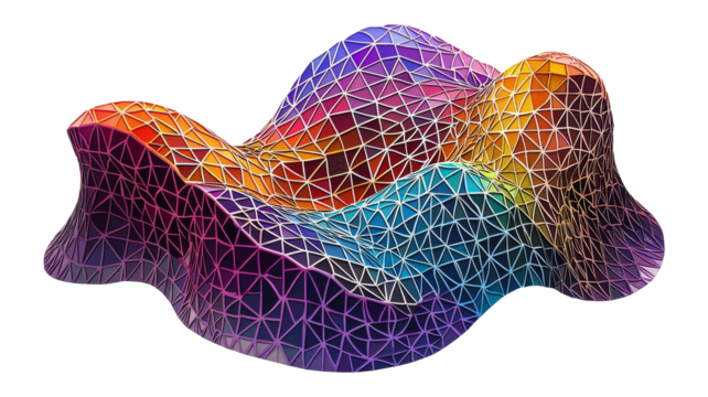Colorful geometric mosaic art with vibrant wave patterns isolated on transparent background, png