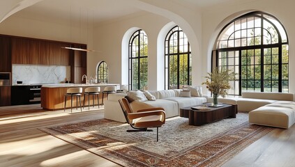 Modern Luxury Home Living Room and Kitchen Interior with Large Windows and Arched Doorways - AI generated illustration