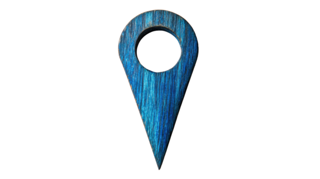 Blue wooden location pin icon on transparent background