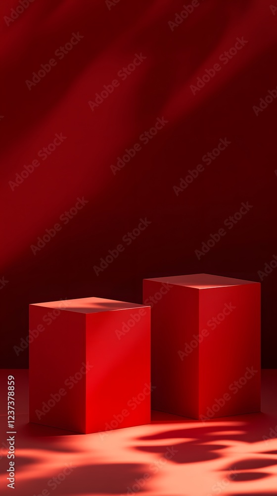 Poster two red cubes on red background with shadows