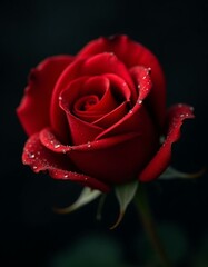 A vibrant red rose with delicate water droplets clinging to its petals, set against a dark, blurred background.