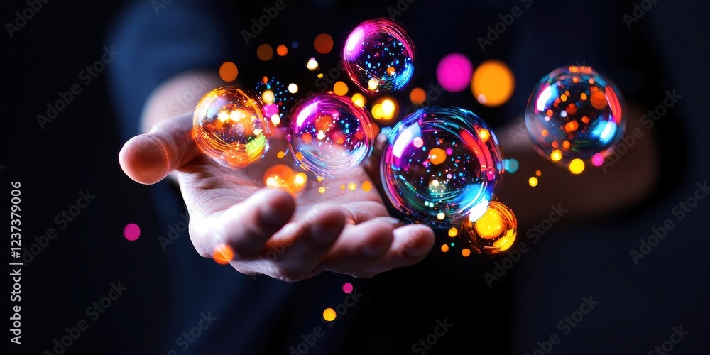 Leinwandbilder Creative visual representation of innovative ideas emerging from a person s hand with colorful orbs and glowing elements against a dark background