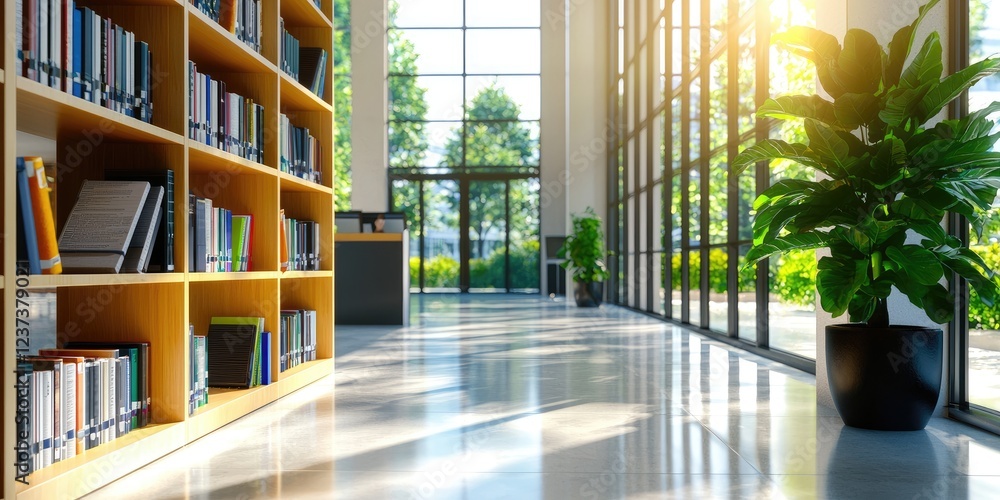 Aufkleber modern library interior with colorful bookshelves, high-tech user interface and research tools for i