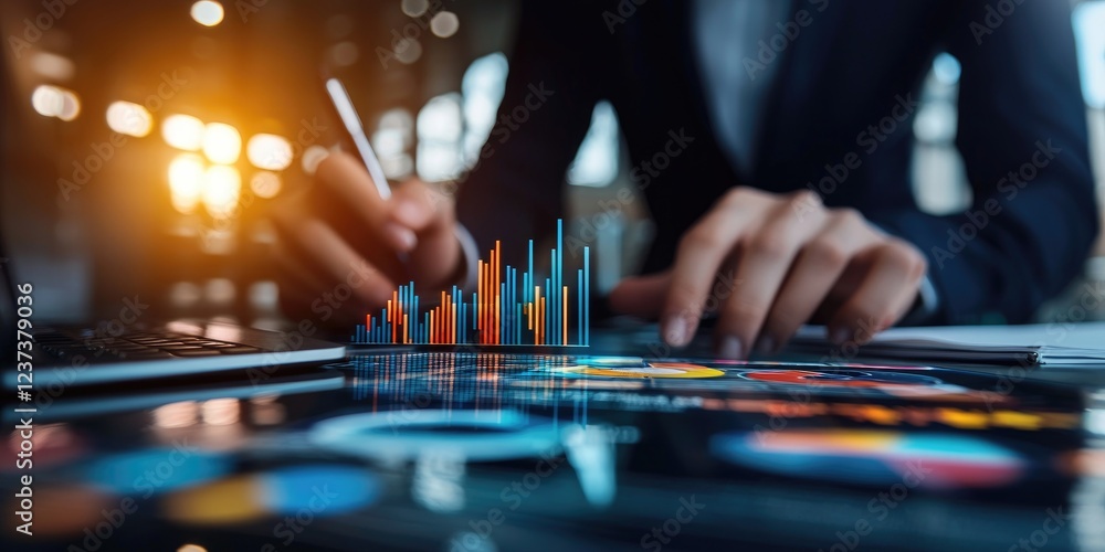 Aufkleber A Person Analyzing Data and Information on Multiple Screens with Colorful Graphics and Visualizations in a Modern Digital Environment