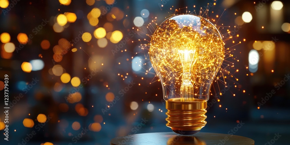 Aufkleber Bright glowing light bulb with intricate network design elements and sparkling particles over a dark blue background that conveys innovation and creativity