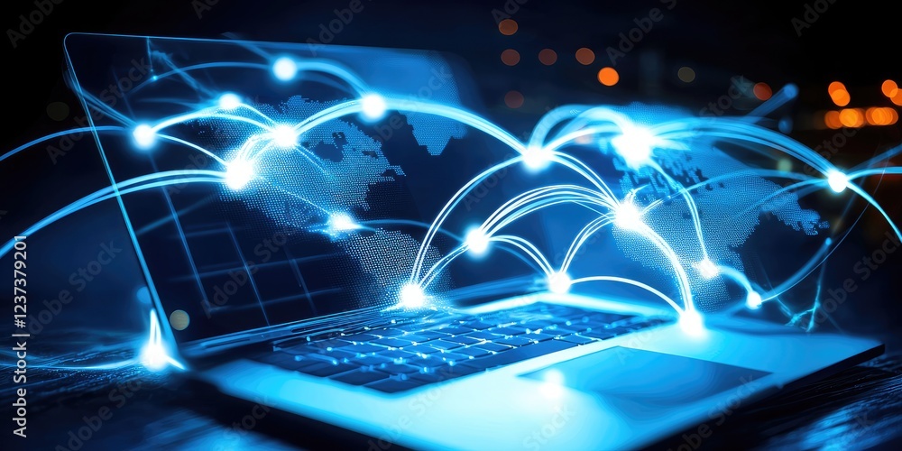 Poster Futuristic Digital Network with Laptops and Global Connections Representing Data Exchange and Technology Advancements in a Modern Workspace Setting