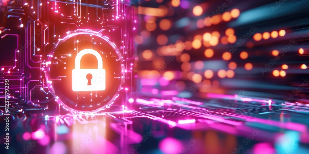 Fototapete Futuristic Digital Security Concept with Circuit Board Background Featuring Lock Symbol and Binary Code, Representing Protection in Technology