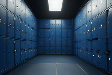 Blue metal lockers, secure storage room, dark background, safety