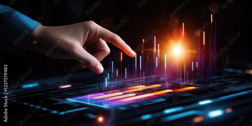 Poster Futuristic Data Visualization and Analytics Concept with Hand Pointing at Graphs and Charts on Digital Interface in Blue and Purple Hues