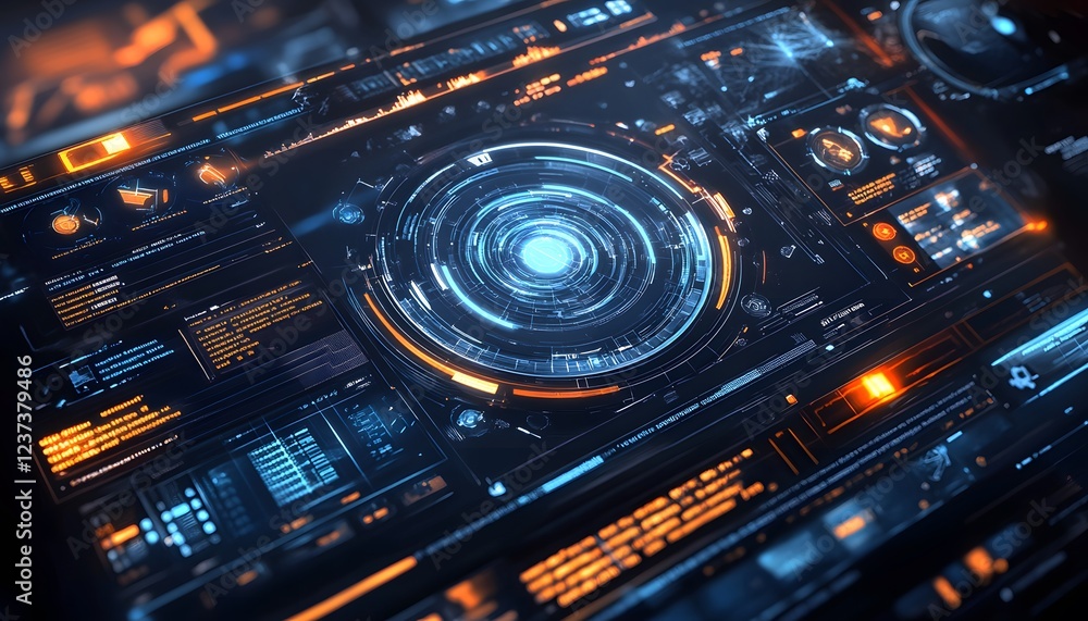 Poster futuristic technology interface displays data and controls