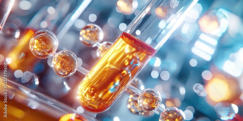 Poster laboratory experiment with colorful liquid and chemical structures in background, science research, 
