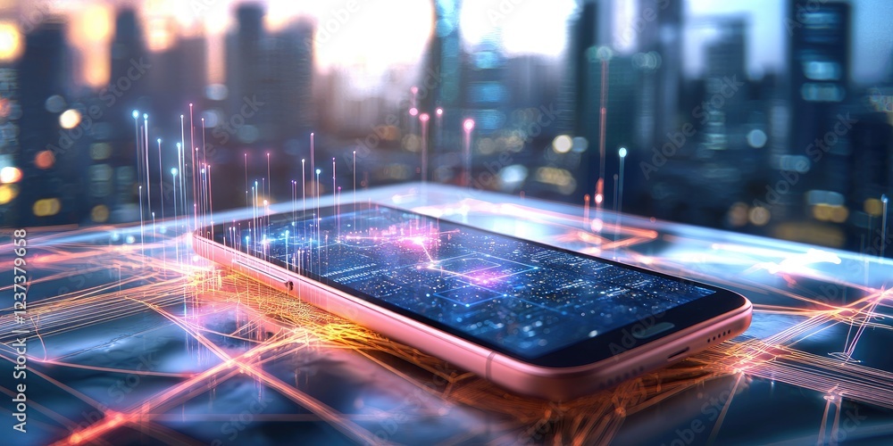 Aufkleber Futuristic Digital Communication Concept with Global Connectivity and Modern Technology Represented on a Smartphone Over a Cityscape Background