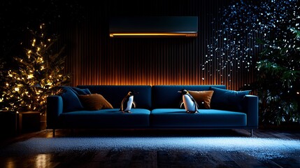 Hyperrealistic Winter Living Room with Penguins