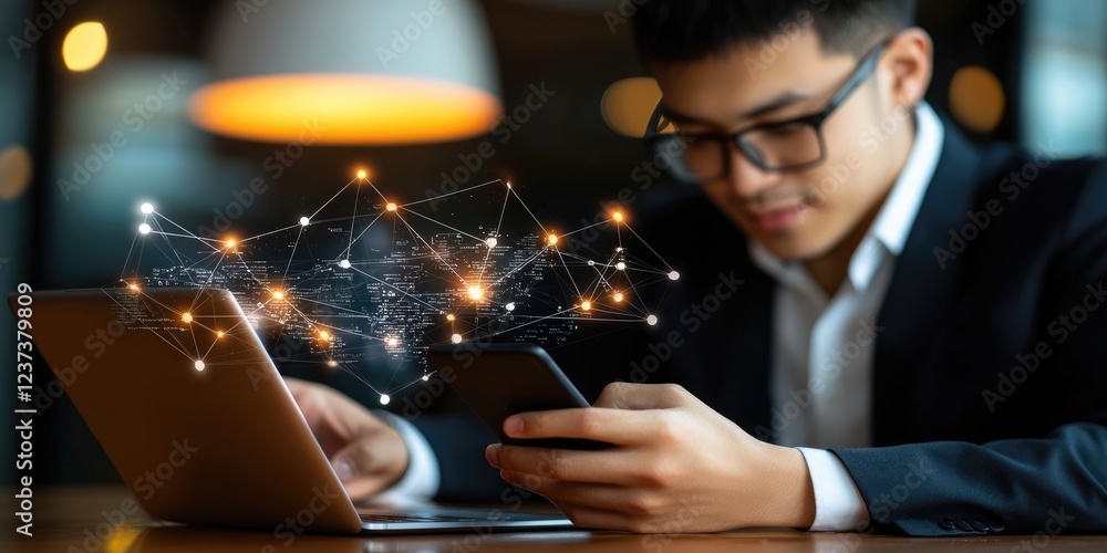 Poster Businessperson Using Smartphone for Global Digital Connectivity with Interactive World Map and Analytics Icons on Table with Laptop