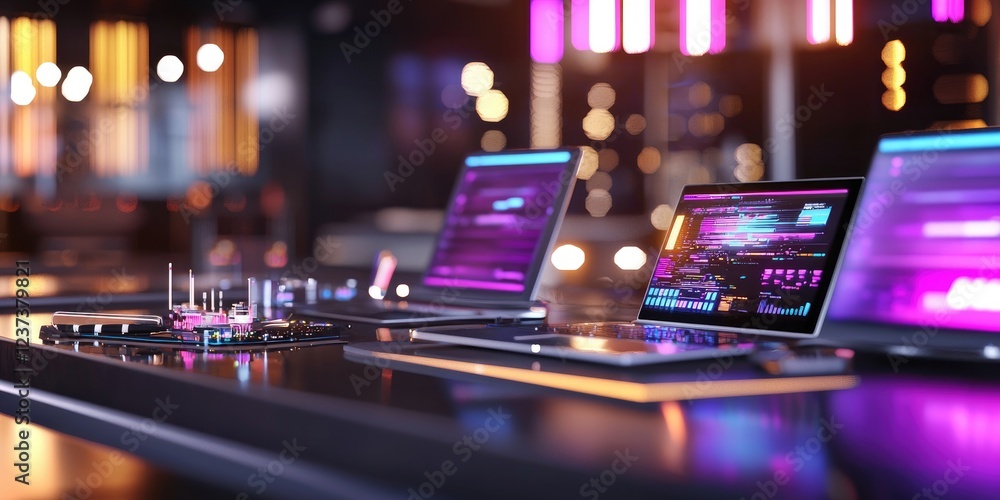 Poster Person using multiple devices in a modern workspace with colorful digital screens showcasing design and technology elements