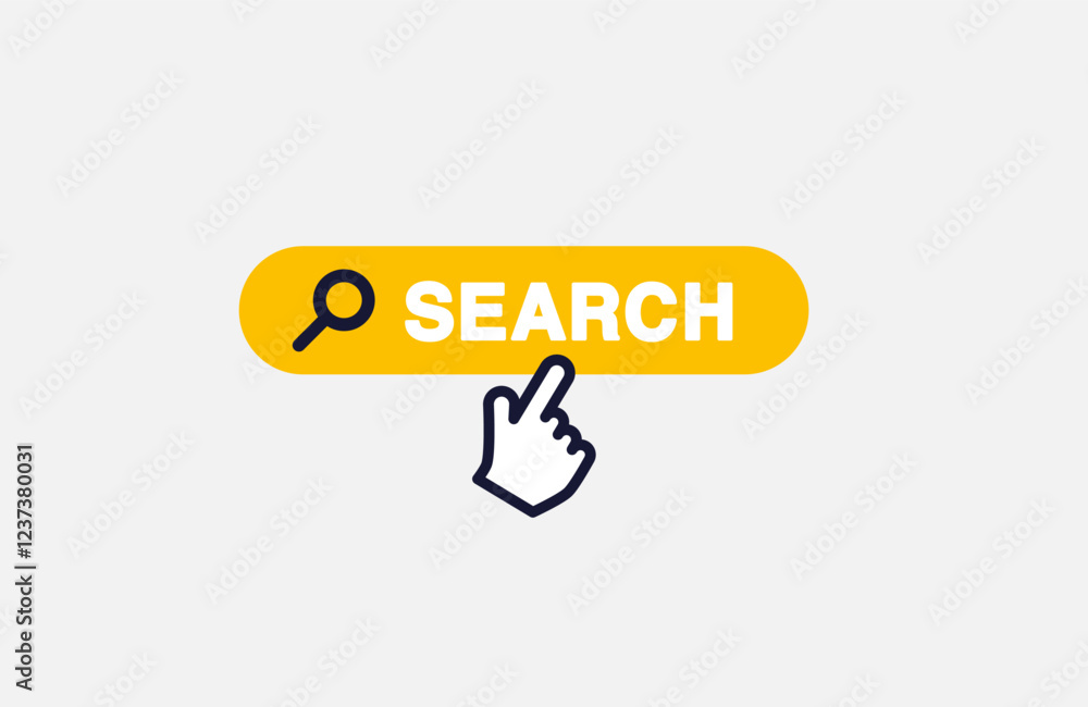 Aufkleber vector icon of a yellow button with the word search and a hand cursor.