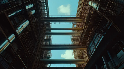 A wide, elevated shot of an industrial heat exchanger setup, highlighting the large-scale pipes and systems in the factory, with the sky visible through open factory windows, natural light from above