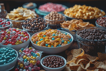 Table with various bowls of snacks including chips nuts popcorn and sweets for a gathering or party setting