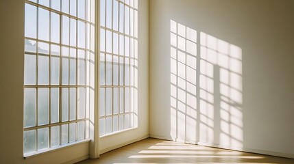 Sunlight streams through large window panes illuminating a room