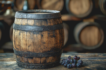 A bunch of fresh grapes placed beside a rustic wooden barrel in a vineyard setting with natural lighting and green foliage