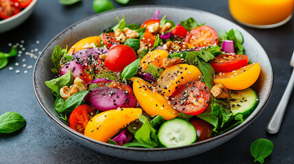 Summer Salad Bowl: A vibrant and colorful salad bowl bursting with fresh ingredients, including sliced peaches, juicy tomatoes, crisp cucumbers, and a sprinkle of walnuts and sesame seeds.