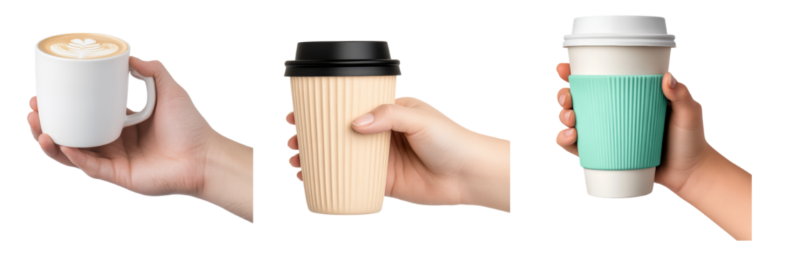 Hands Holding Diverse Coffee Cups Isolated on transparent background