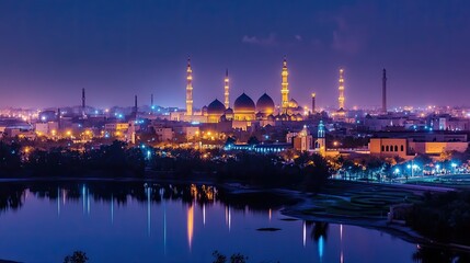 Obraz premium Night cityscape of Sharjah, UAE, with its Grand Mosque illuminated, reflecting beautifully on the serene lake. A stunning panorama of urban architecture and spiritual landmark.