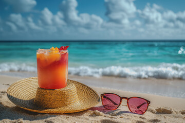 Straw hat and sunglasses resting on a sandy beach with clear blue sky and gentle ocean waves in the background during a sunny day