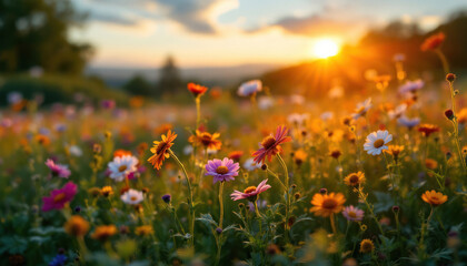 Sunset Meadow: A vibrant tapestry of wildflowers bathed in the golden light of the setting sun, creating a breathtaking scene of natural beauty and serenity.