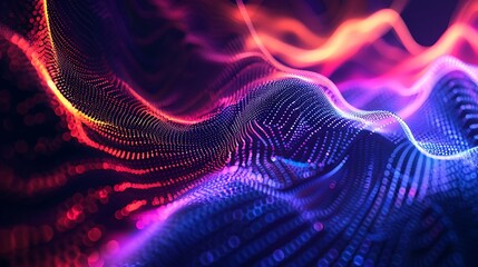 Digital background with wave of glowing particles with depth of field and bokeh