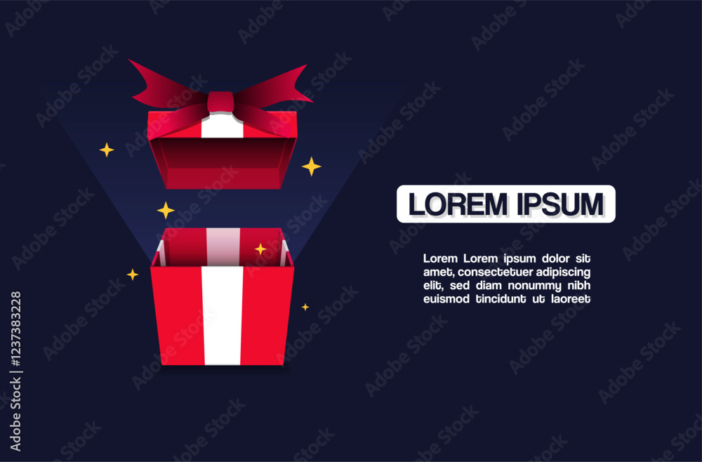 Poster vector design of an open red gift with sparkles and space for text or advertisement on a dark backgr
