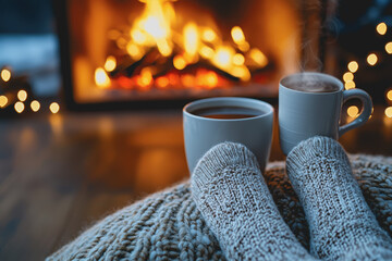 Two cups of coffee placed on a blanket with a cozy fireplace in the background creating a warm and inviting atmosphere