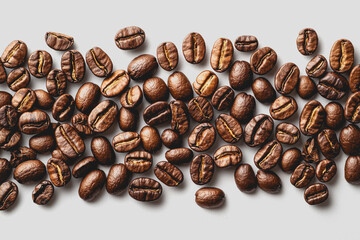 Fototapeta premium Coffee beans arranged on a white background showcasing their rich texture and natural color in a simple and clean layout for culinary or beverage related use