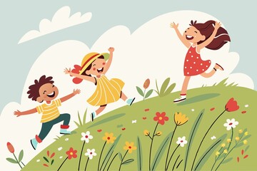 Fototapeta premium happy children jumping on summer meadow 